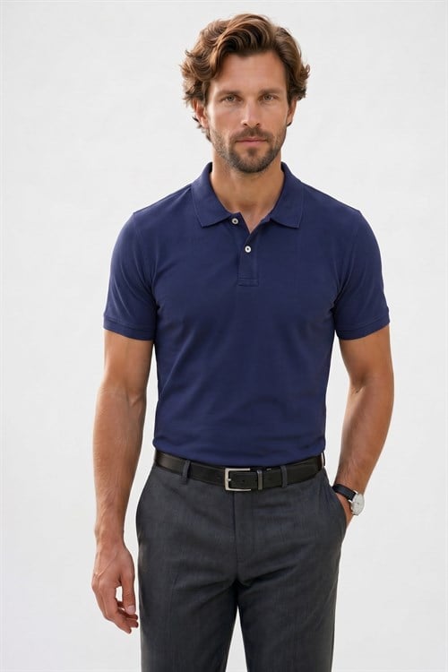 Erkek Slim Fit Dar Kesim Premium Seri %100 Pamuk Yumuşak Dokulu Merserize Lacivert Polo Yaka Tişört 