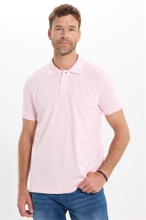 Erkek Slim Fit Dar Kesim Premium Seri %100 Pamuk Yumuşak Dokulu Merserize Pembe Polo Yaka Tişört 