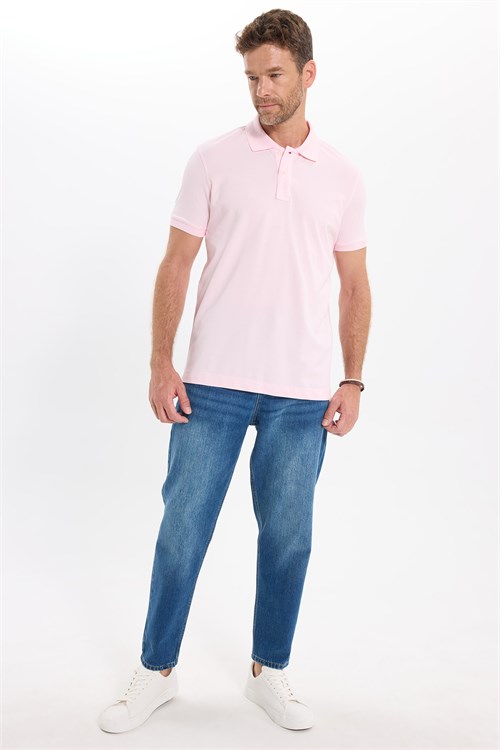 Erkek Slim Fit Dar Kesim Premium Seri %100 Pamuk Yumuşak Dokulu Merserize Pembe Polo Yaka Tişört 