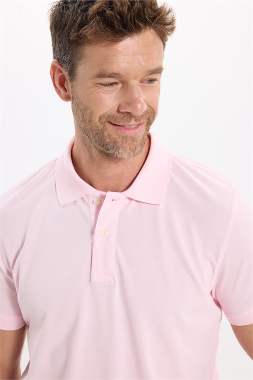 Erkek Slim Fit Dar Kesim Premium Seri %100 Pamuk Yumuşak Dokulu Merserize Pembe Polo Yaka Tişört 