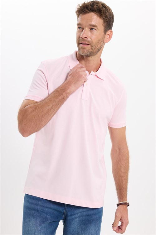 Erkek Slim Fit Dar Kesim Premium Seri %100 Pamuk Yumuşak Dokulu Merserize Pembe Polo Yaka Tişört 