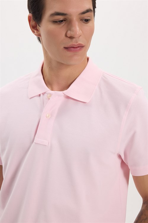 Erkek Slim Fit Dar Kesim Premium Seri %100 Pamuk Yumuşak Dokulu Merserize Pembe Polo Yaka Tişört 