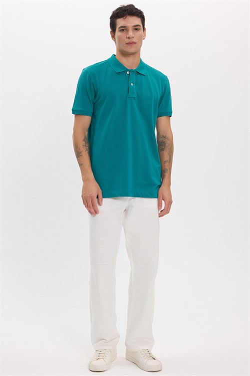 Erkek Slim Fit Dar Kesim Premium Seri %100 Pamuk Yumuşak Dokulu Merserize Yeşil Polo Yaka Tişört 