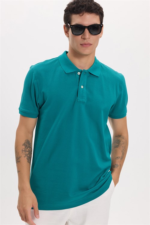 Erkek Slim Fit Dar Kesim Premium Seri %100 Pamuk Yumuşak Dokulu Merserize Yeşil Polo Yaka Tişört 