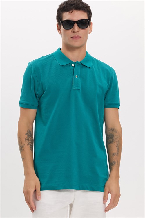 Erkek Slim Fit Dar Kesim Premium Seri %100 Pamuk Yumuşak Dokulu Merserize Yeşil Polo Yaka Tişört 