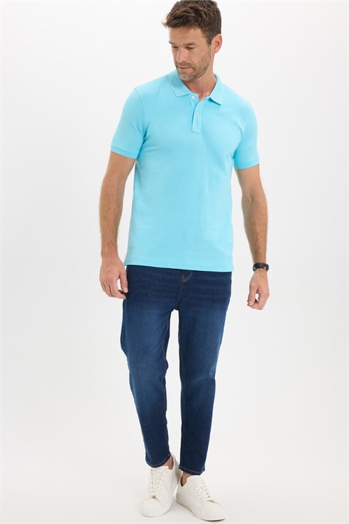 Erkek Slim Fit Dar Kesim Premium Seri %100 Pamuk Yumuşak Dokulu Merserize Mavi Polo Yaka Tişört 