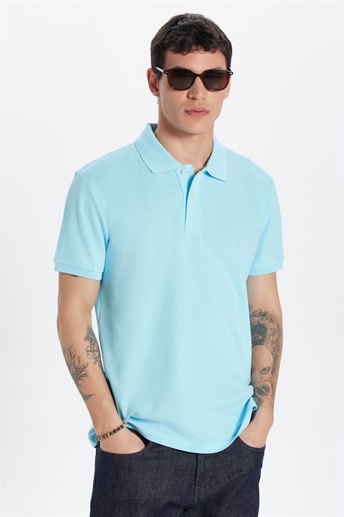 Erkek Slim Fit Dar Kesim Premium Seri %100 Pamuk Yumuşak Dokulu Merserize Mavi Polo Yaka Tişört 