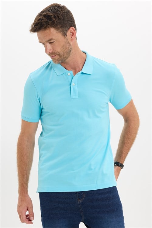 Erkek Slim Fit Dar Kesim Premium Seri %100 Pamuk Yumuşak Dokulu Merserize Mavi Polo Yaka Tişört 