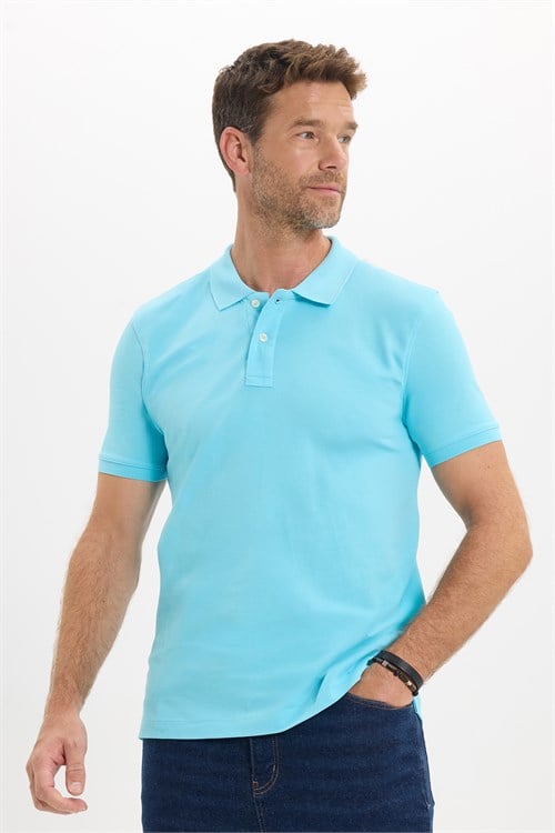 Erkek Slim Fit Dar Kesim Premium Seri %100 Pamuk Yumuşak Dokulu Merserize Mavi Polo Yaka Tişört 