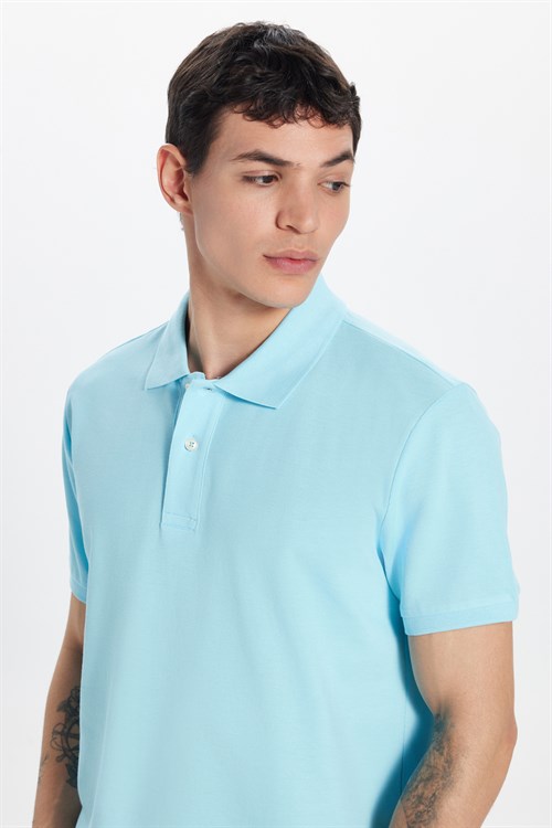 Erkek Slim Fit Dar Kesim Premium Seri %100 Pamuk Yumuşak Dokulu Merserize Mavi Polo Yaka Tişört 