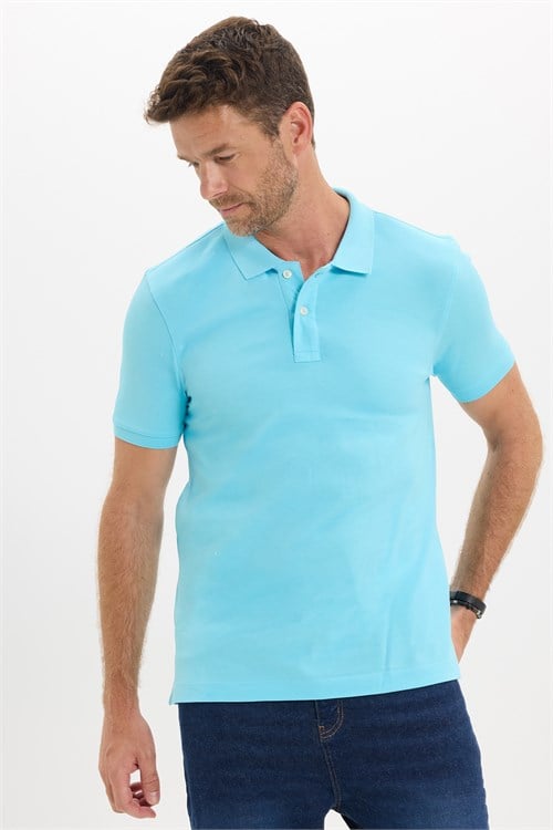 Erkek Slim Fit Dar Kesim Premium Seri %100 Pamuk Yumuşak Dokulu Merserize Mavi Polo Yaka Tişört 