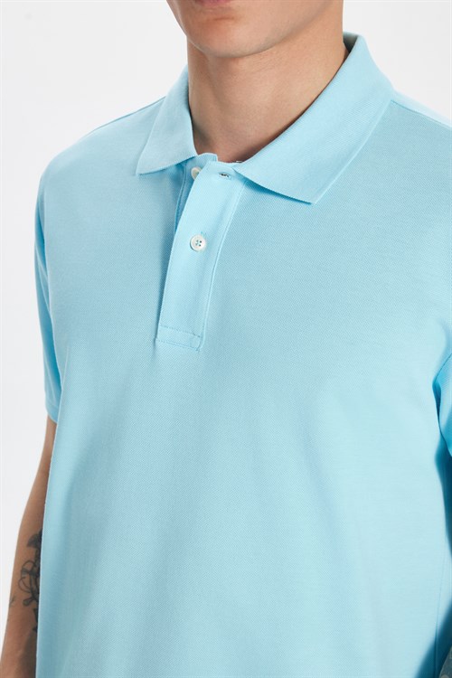 Erkek Slim Fit Dar Kesim Premium Seri %100 Pamuk Yumuşak Dokulu Merserize Mavi Polo Yaka Tişört 