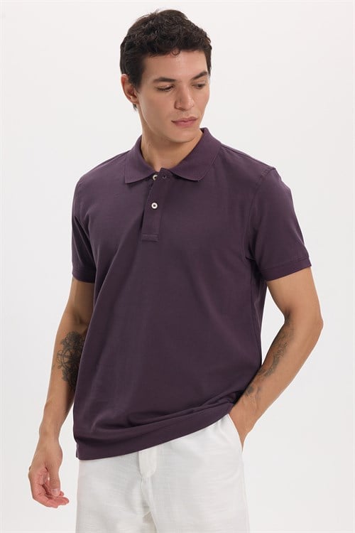 Erkek Slim Fit Dar Kesim Premium Seri %100 Pamuk Yumuşak Dokulu Merserize Mor Polo Yaka Tişört 