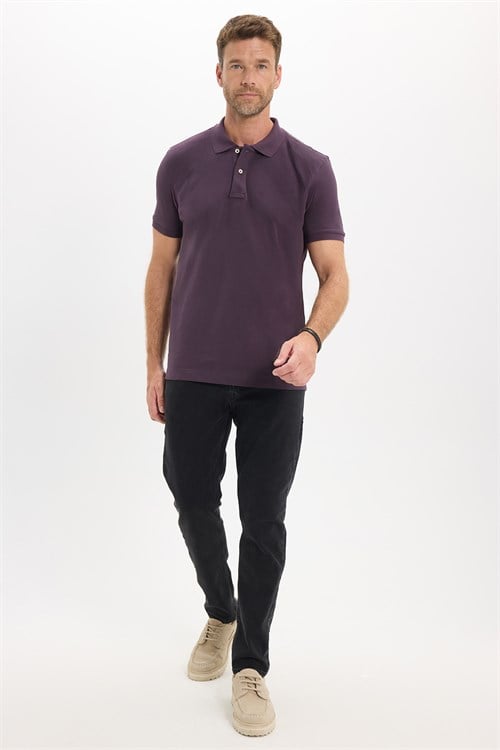 Erkek Slim Fit Dar Kesim Premium Seri %100 Pamuk Yumuşak Dokulu Merserize Mor Polo Yaka Tişört 