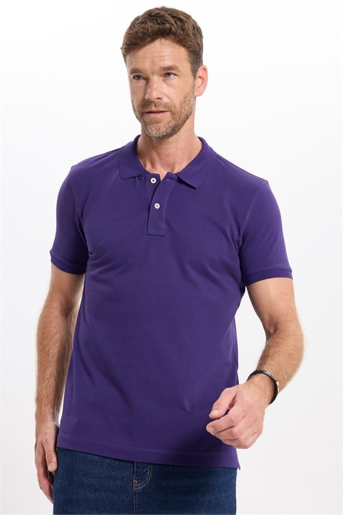Erkek Slim Fit Dar Kesim Premium Seri %100 Pamuk Yumuşak Dokulu Merserize Mor Polo Yaka Tişört 