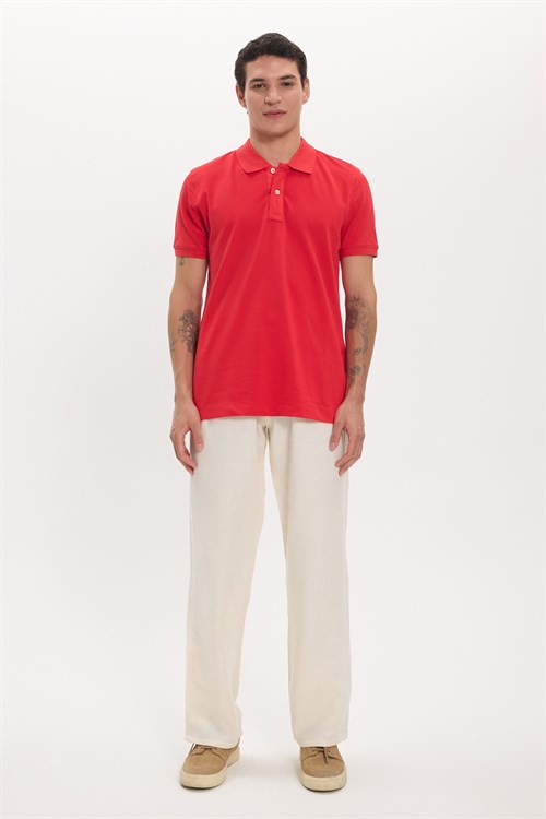 Erkek Slim Fit Dar Kesim Premium Seri %100 Pamuk Yumuşak Dokulu Merserize Kırmızı Polo Yaka Tişört 