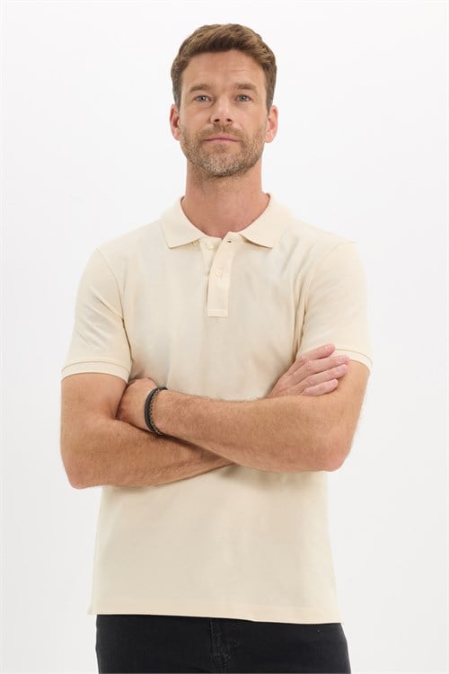 Erkek Slim Fit Dar Kesim Premium Seri %100 Pamuk Yumuşak Dokulu Merserize Bej Polo Yaka Tişört 