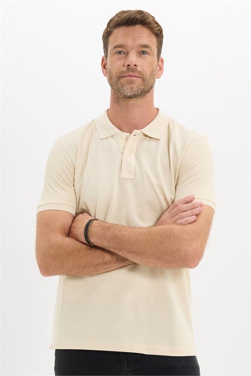 Erkek Slim Fit Dar Kesim Premium Seri %100 Pamuk Yumuşak Dokulu Merserize Bej Polo Yaka Tişört 