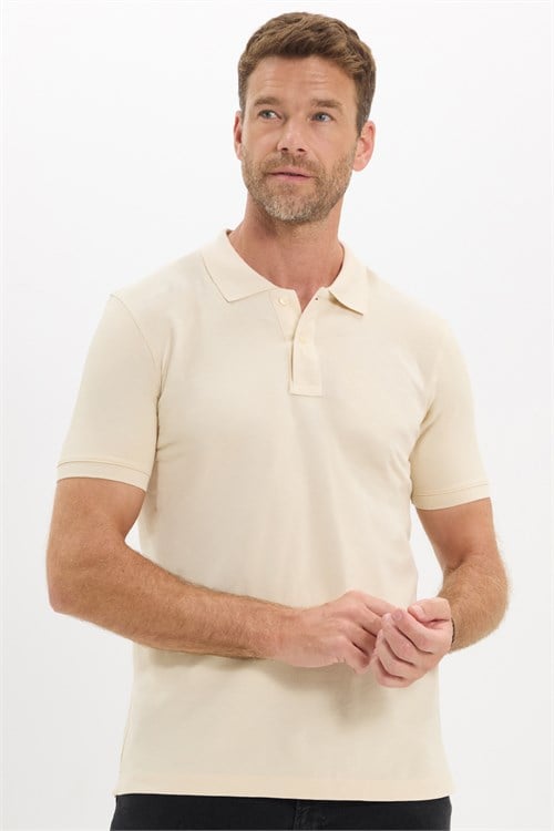 Erkek Slim Fit Dar Kesim Premium Seri %100 Pamuk Yumuşak Dokulu Merserize Bej Polo Yaka Tişört 
