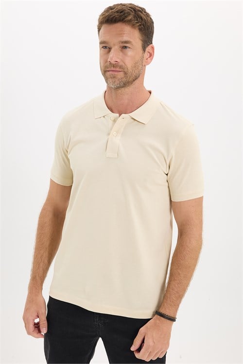 Erkek Slim Fit Dar Kesim Premium Seri %100 Pamuk Yumuşak Dokulu Merserize Bej Polo Yaka Tişört 