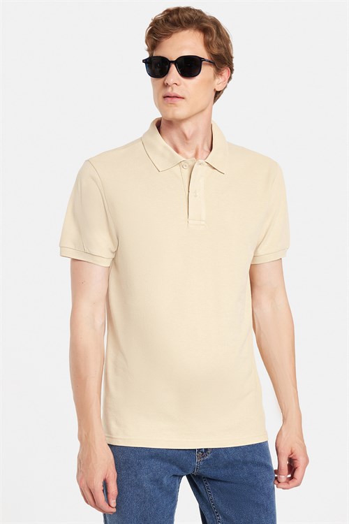 Erkek Slim Fit Dar Kesim Premium Seri %100 Pamuk Yumuşak Dokulu Merserize Bej Polo Yaka Tişört 