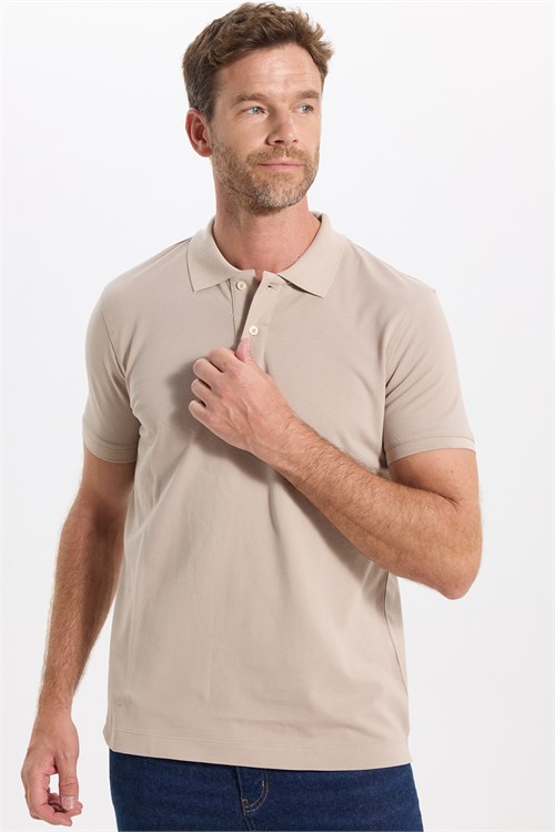 Erkek Slim Fit Dar Kesim Premium Seri %100 Pamuk Yumuşak Dokulu Merserize Bej Polo Yaka Tişört