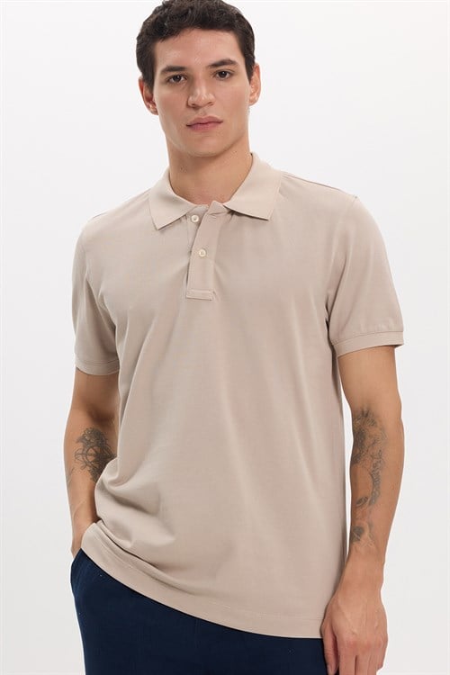 Erkek Slim Fit Dar Kesim Premium Seri %100 Pamuk Yumuşak Dokulu Merserize Bej Polo Yaka Tişört 