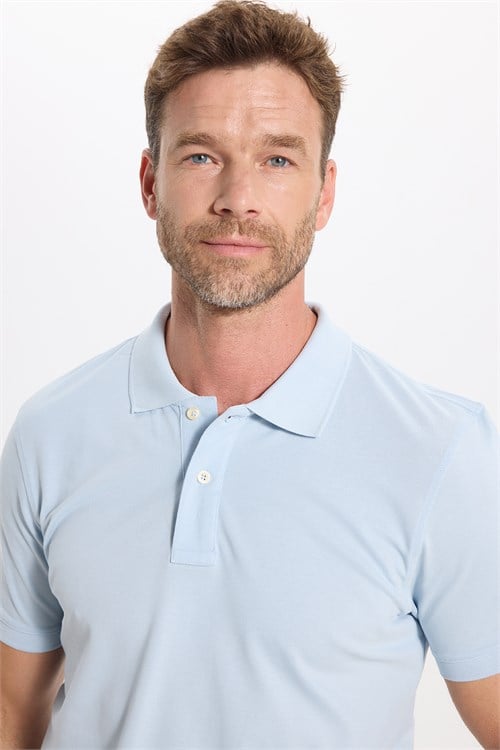 Erkek Slim Fit Dar Kesim Premium Seri %100 Pamuk Yumuşak Dokulu Merserize Açık Mavi Polo Yaka Tişört 