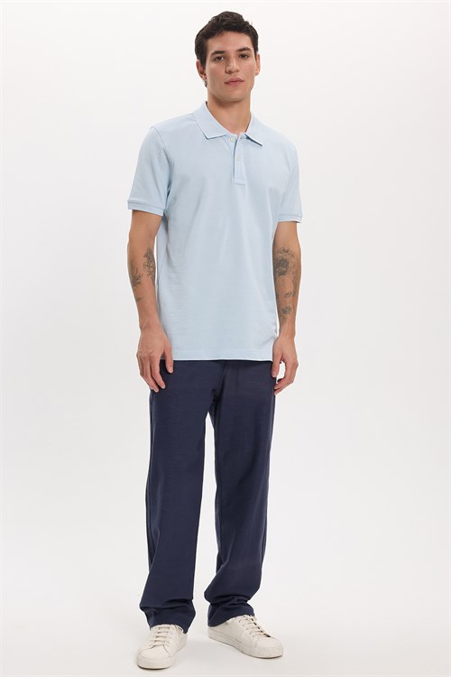 Erkek Slim Fit Dar Kesim Premium Seri %100 Pamuk Yumuşak Dokulu Merserize Açık Mavi Polo Yaka Tişört 