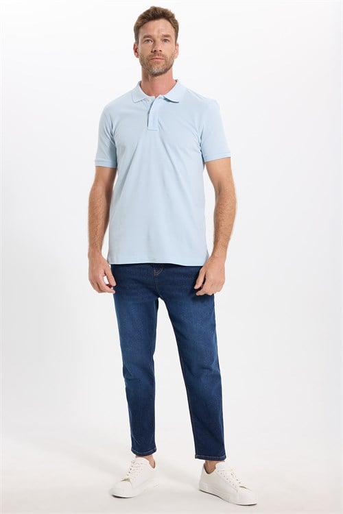 Erkek Slim Fit Dar Kesim Premium Seri %100 Pamuk Yumuşak Dokulu Merserize Açık Mavi Polo Yaka Tişört 