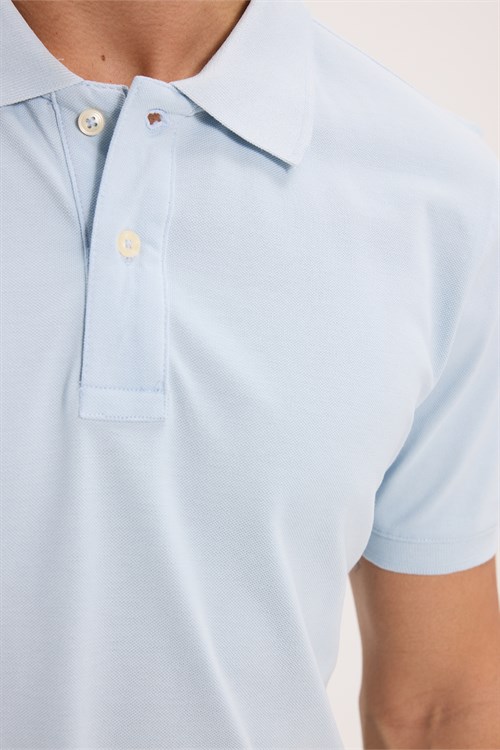 Erkek Slim Fit Dar Kesim Premium Seri %100 Pamuk Yumuşak Dokulu Merserize Açık Mavi Polo Yaka Tişört 