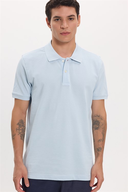 Erkek Slim Fit Dar Kesim Premium Seri %100 Pamuk Yumuşak Dokulu Merserize Açık Mavi Polo Yaka Tişört 