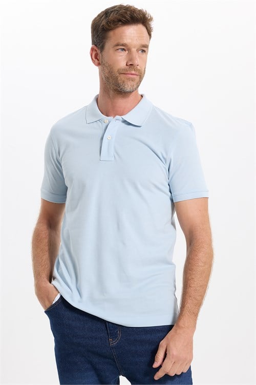 Erkek Slim Fit Dar Kesim Premium Seri %100 Pamuk Yumuşak Dokulu Merserize Açık Mavi Polo Yaka Tişört 