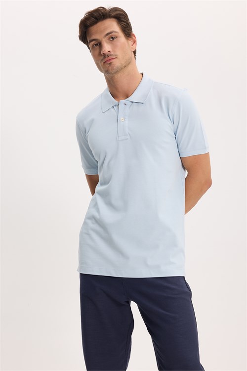 Erkek Slim Fit Dar Kesim Premium Seri %100 Pamuk Yumuşak Dokulu Merserize Açık Mavi Polo Yaka Tişört 