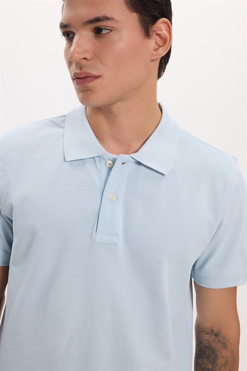 Erkek Slim Fit Dar Kesim Premium Seri %100 Pamuk Yumuşak Dokulu Merserize Açık Mavi Polo Yaka Tişört 