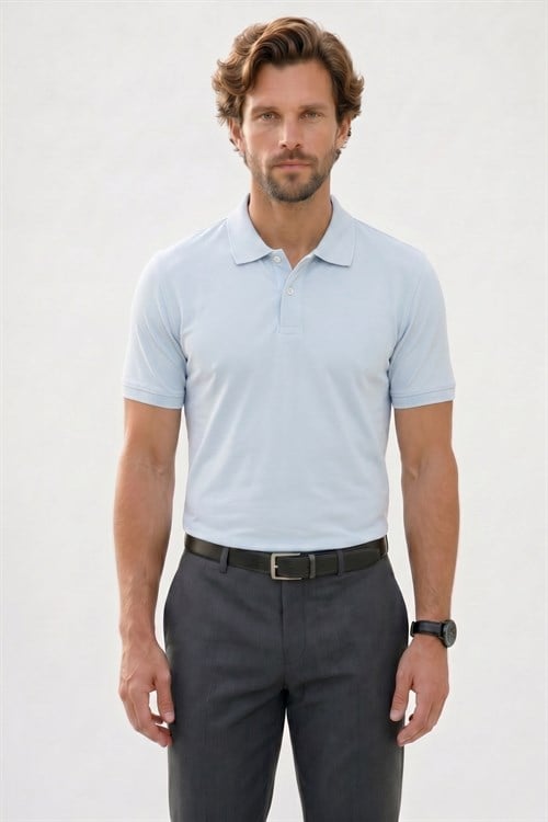 Erkek Slim Fit Dar Kesim Premium Seri %100 Pamuk Yumuşak Dokulu Merserize Açık Mavi Polo Yaka Tişört 