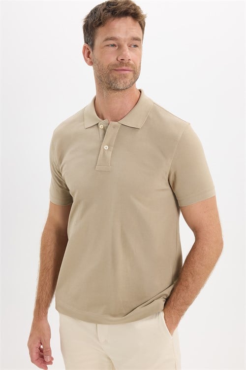 Erkek Slim Fit Dar Kesim Premium Seri %100 Pamuk Yumuşak Dokulu Merserize Bej Polo Yaka Tişört 