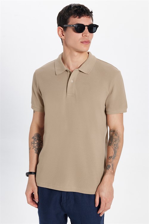 Erkek Slim Fit Dar Kesim Premium Seri %100 Pamuk Yumuşak Dokulu Merserize Bej Polo Yaka Tişört 