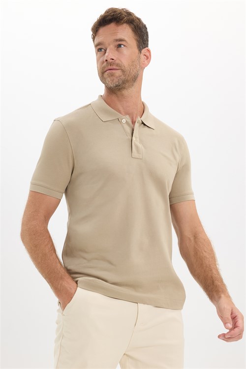 Erkek Slim Fit Dar Kesim Premium Seri %100 Pamuk Yumuşak Dokulu Merserize Bej Polo Yaka Tişört 