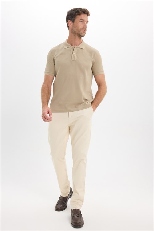 Erkek Slim Fit Dar Kesim Premium Seri %100 Pamuk Yumuşak Dokulu Merserize Bej Polo Yaka Tişört 