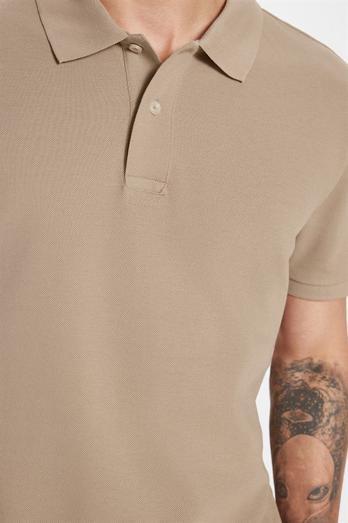 Erkek Slim Fit Dar Kesim Premium Seri %100 Pamuk Yumuşak Dokulu Merserize Bej Polo Yaka Tişört 