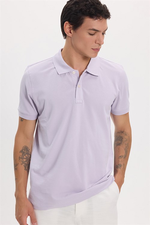 Erkek Slim Fit Dar Kesim Premium Seri %100 Pamuk Yumuşak Dokulu Merserize Lila Polo Yaka Tişört 