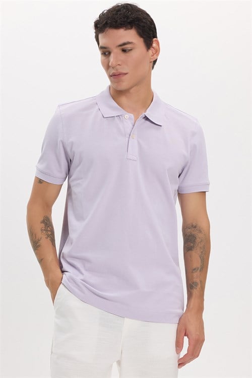Erkek Slim Fit Dar Kesim Premium Seri %100 Pamuk Yumuşak Dokulu Merserize Lila Polo Yaka Tişört 