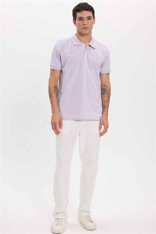 Erkek Slim Fit Dar Kesim Premium Seri %100 Pamuk Yumuşak Dokulu Merserize Lila Polo Yaka Tişört 