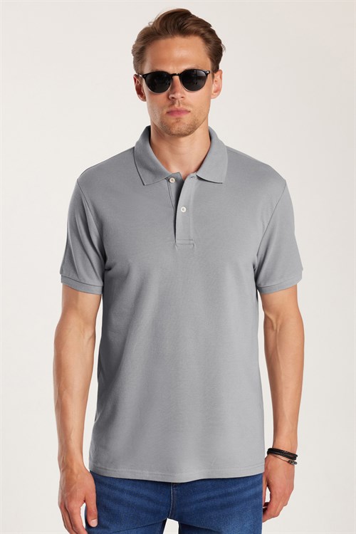 Erkek Slim Fit Dar Kesim Premium Seri %100 Pamuk Yumuşak Dokulu Merserize Gri Polo Yaka Tişört 