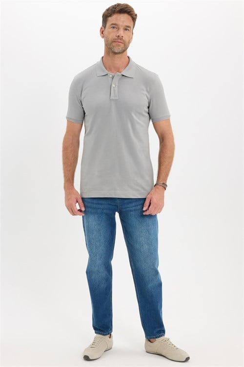 Erkek Slim Fit Dar Kesim Premium Seri %100 Pamuk Yumuşak Dokulu Merserize Gri Polo Yaka Tişört 