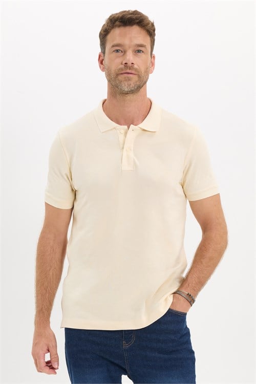Erkek Slim Fit Dar Kesim Premium Seri %100 Pamuk Yumuşak Dokulu Merserize Bej Polo Yaka Tişört 