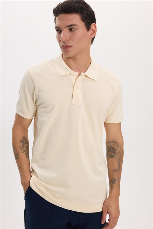 Erkek Slim Fit Dar Kesim Premium Seri %100 Pamuk Yumuşak Dokulu Merserize Bej Polo Yaka Tişört 