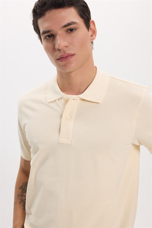 Erkek Slim Fit Dar Kesim Premium Seri %100 Pamuk Yumuşak Dokulu Merserize Bej Polo Yaka Tişört 