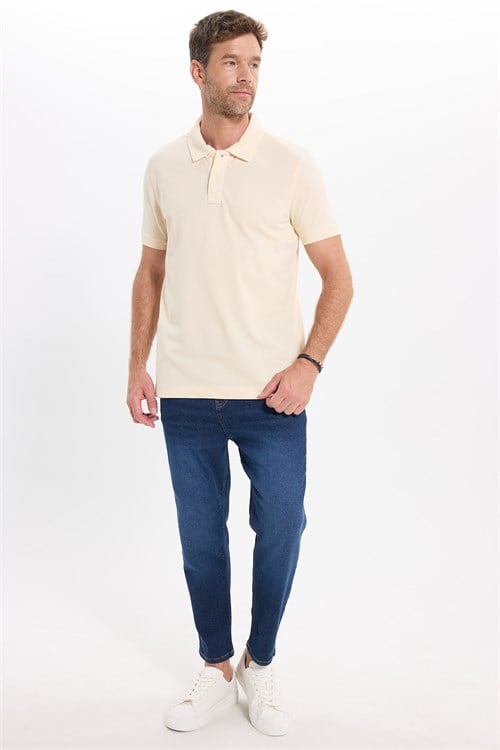 Erkek Slim Fit Dar Kesim %100 Pamuk Kısa Kollu Bej Polo Yaka Tişört 
